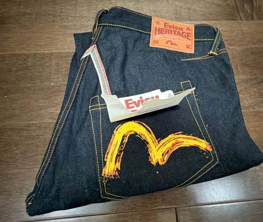 Vtg Evisu Heritage Dark Wash Selvedge Denim Painted Yellow Seagull Back Pockets
